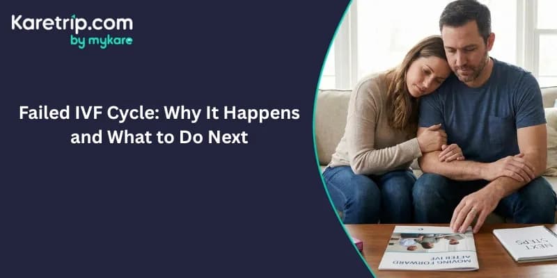 A couple sits on a couch in a somber, supportive embrace, with the woman leaning her head on the man’s shoulder. On the coffee table in front of them lies a brochure titled "Moving Forward After IVF" and a notebook labeled "Next Steps." The left side feat