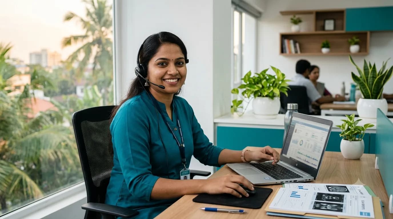 Smiling Karetrip coordinator wearing a headset, reviewing patient reports on a laptop in a bright office