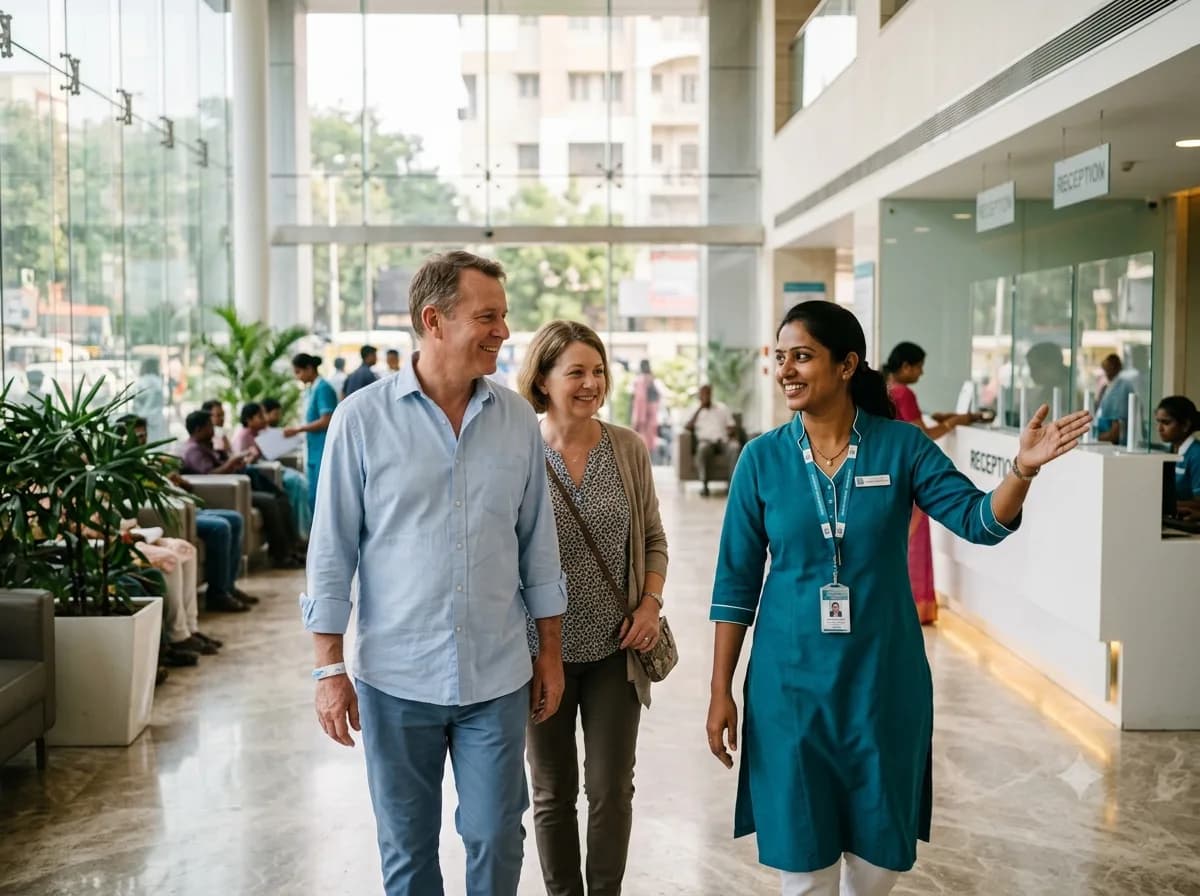 Karetrip care coordinator in a teal uniform guiding an international patient and his wife through the bright reception lobby of an Indian hospital