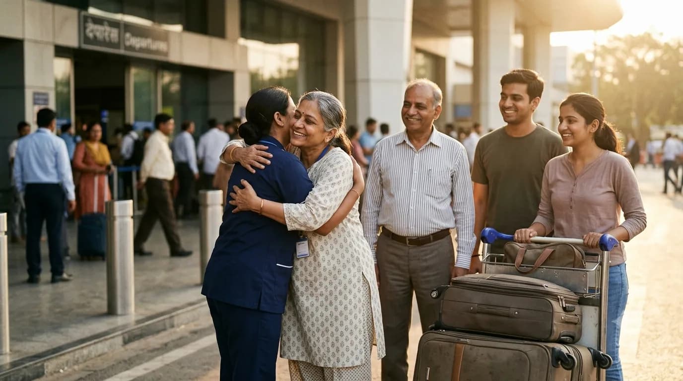 Recovered patient hugging her Karetrip care coordinator goodbye outside an Indian airport departures entrance as her smiling family waits with their luggage