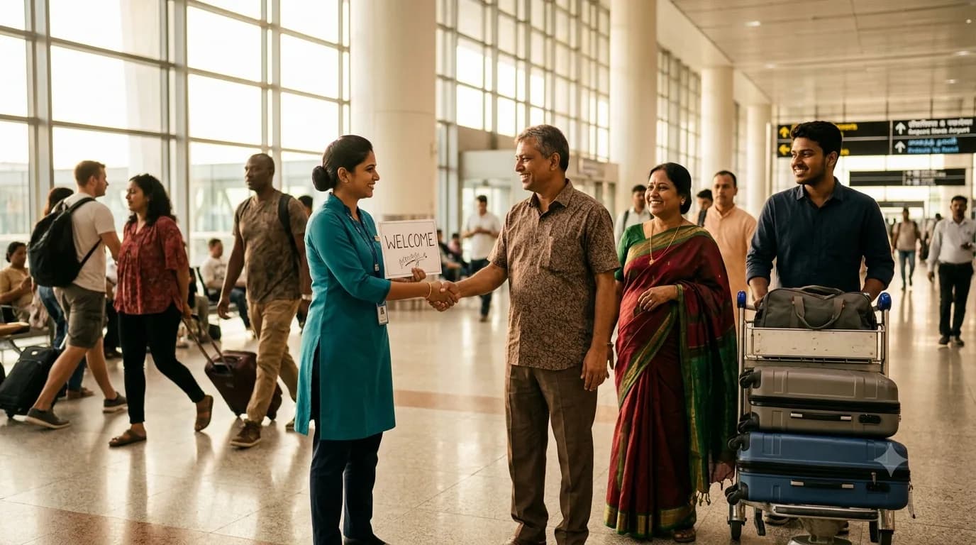 Karetrip care coordinator holding a welcome sign and shaking hands with a Bangladeshi patient as his wife in a saree and son with a luggage trolley look on in an Indian airport arrivals hall