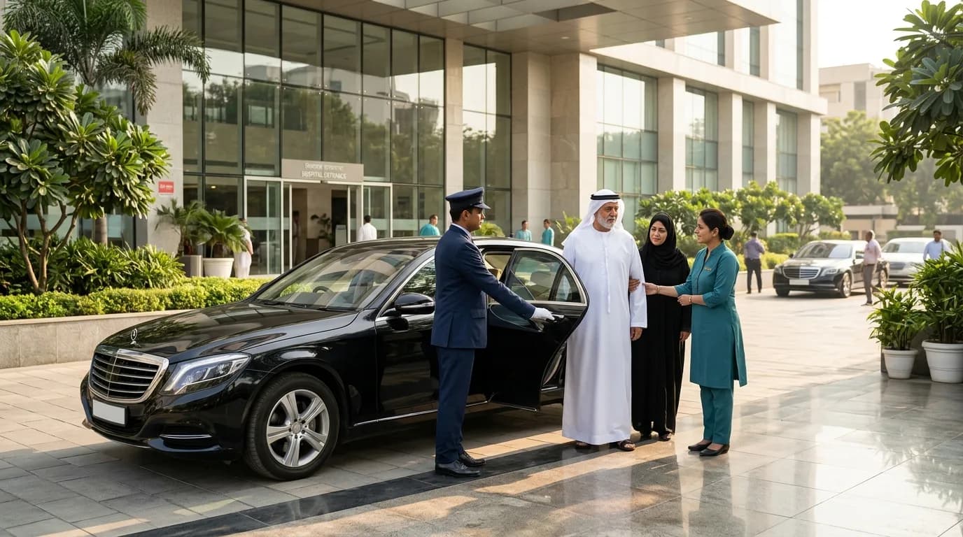 Uniformed chauffeur holding open the door of a black sedan as a Karetrip coordinator escorts a Gulf patient in a thobe and his wife in an abaya outside a modern Indian hospital