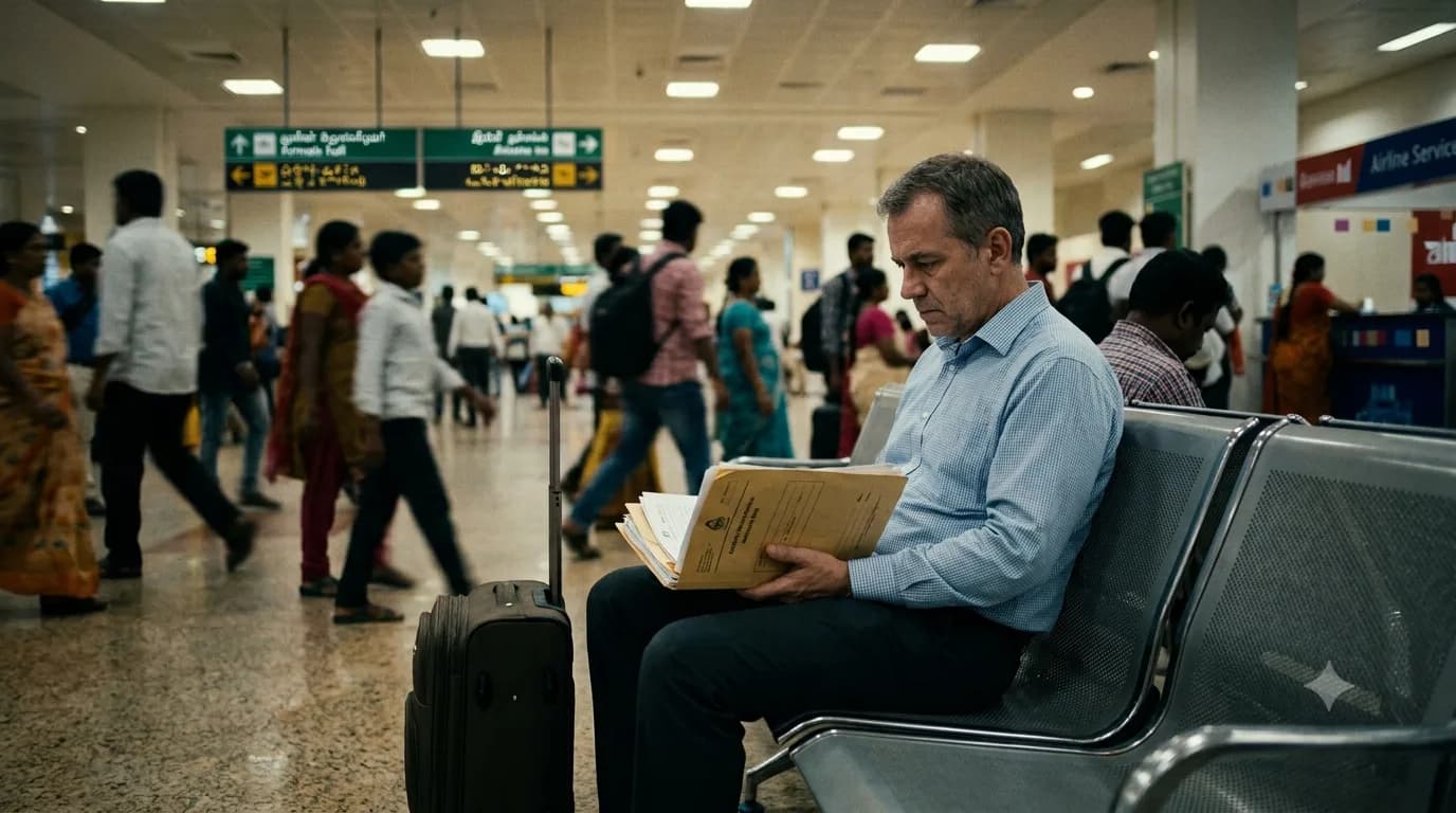 Anxious international patient sitting alone with a suitcase, reading a folder of medical reports in a busy Indian airport terminal