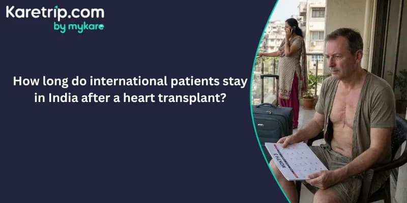 A middle-aged man sits on a balcony with a suitcase nearby, looking thoughtfully at a calendar while recovery scars are visible on his chest. In the background, a woman is seen talking on a phone, suggesting a transition period after a major medical proce