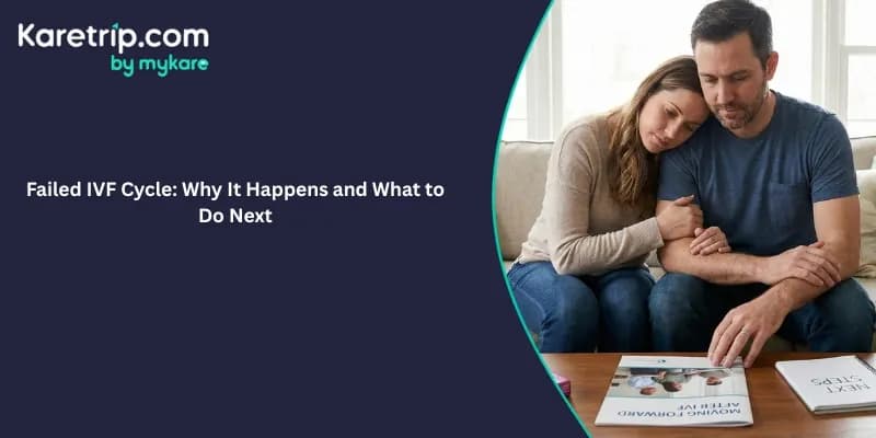 A couple sits on a couch in a somber, supportive embrace, with the woman leaning her head on the man’s shoulder. On the coffee table in front of them lies a brochure titled "Moving Forward After IVF" and a notebook labeled "Next Steps." The left side feat