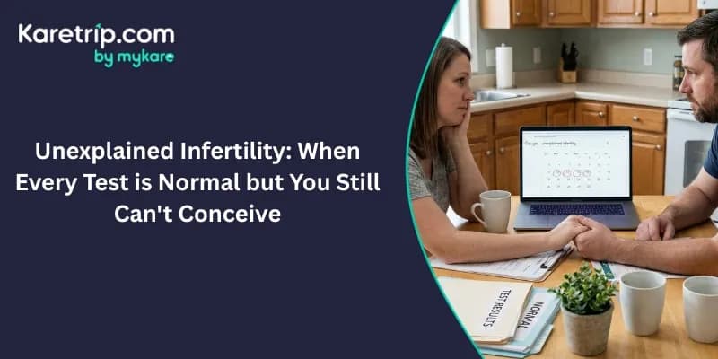 A concerned couple sits at a kitchen table holding hands, looking at a laptop screen displaying a fertility calendar and a Google search for "unexplained infertility." The table is covered with medical folders labeled "Test Results" and "Normal." On the l